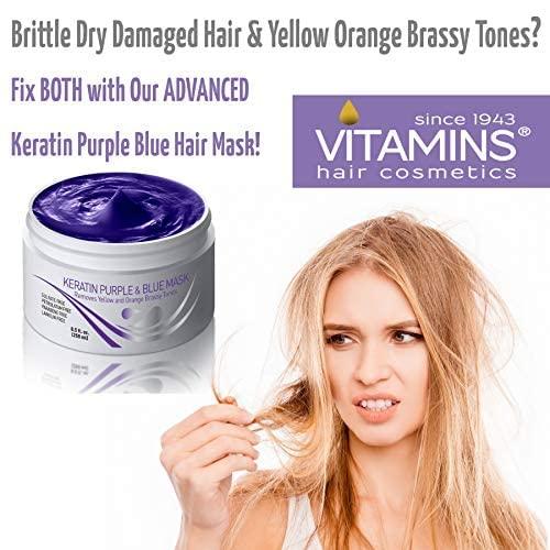 VITAMINS hair cosmetics Vitamins Keratin Purple Hair Mask - Violet Blue Protein Deep Conditioner Treatment - Toner for Blonde Platinum Silver Gray Ash or Brown Colored Dry and Damaged Brassy Hair