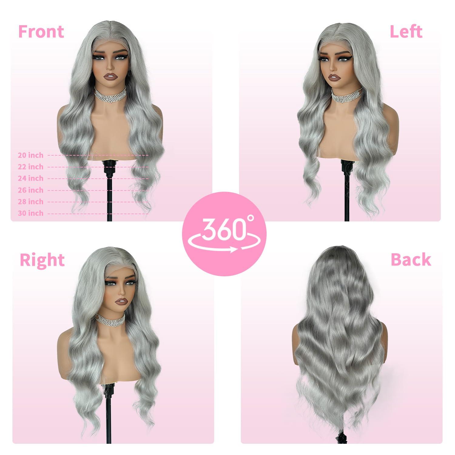 FINMOO FINMOO Grey Silver Lace Front Wigs Human Hair 200% Density Body Wave 13x4 UHD Transparent Pre Plucked Pre Cut Lace Front Wigs Glueless Wigs 613 Colored Remy Virgin Hair Wigs for Black Women 22 Inch