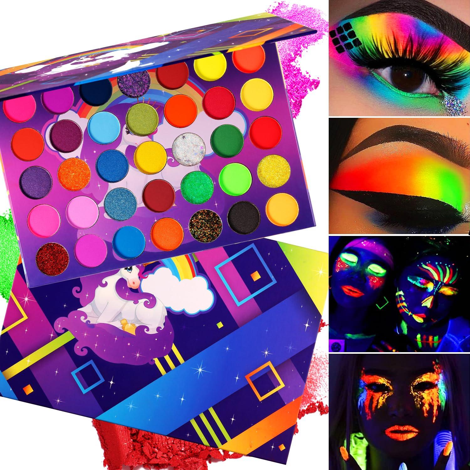 Afflano Afflano Neon Eyeshadow Palette Colorful High Pigmented, Bright Pride Day Makeup Rainbow Eyeshadow Matte Shimmer Glitter, Aurora Glow Neon in Dark UV Blacklight Makeup Eye Shadow Pallet
