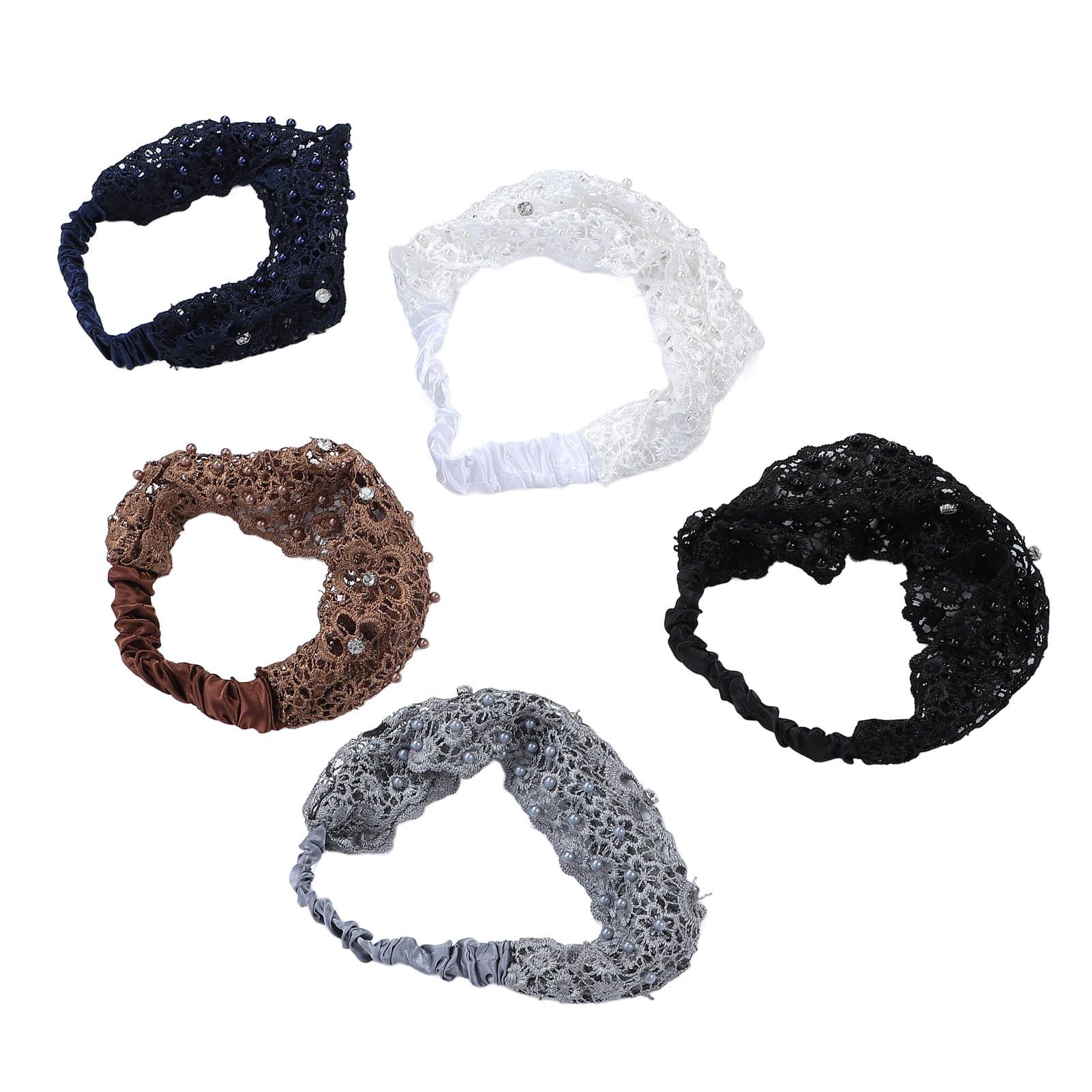 Fabater 5Pcs Elastic Lace Headbands, Fashion Floral Mesh Headband with Pearl Trim for Women for Daily Makeup Chore