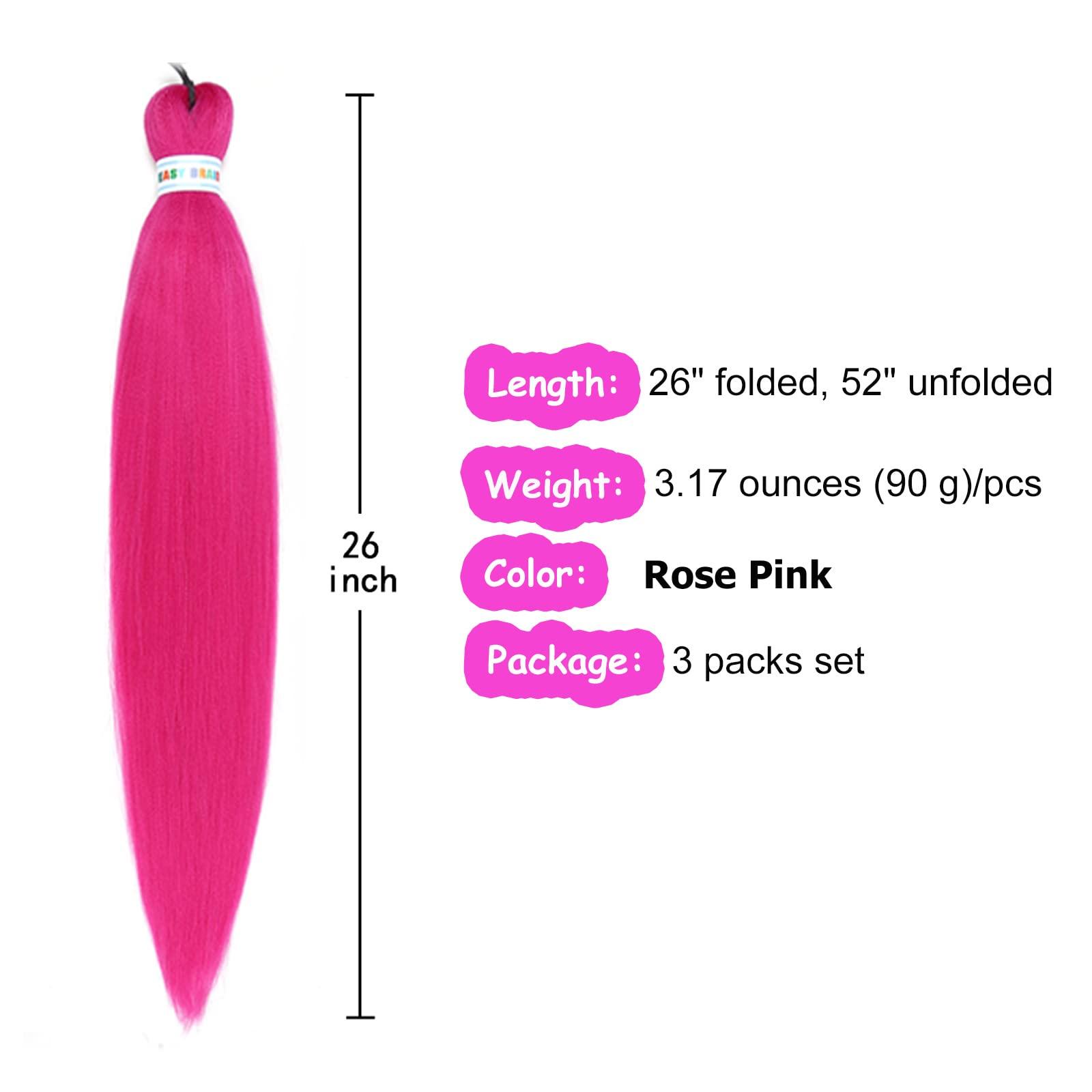 Gozill Rose Pink Braiding Hair Pre Stretched Box Braid Hair Extension 26 Inch for Braiding(Pack of 3)