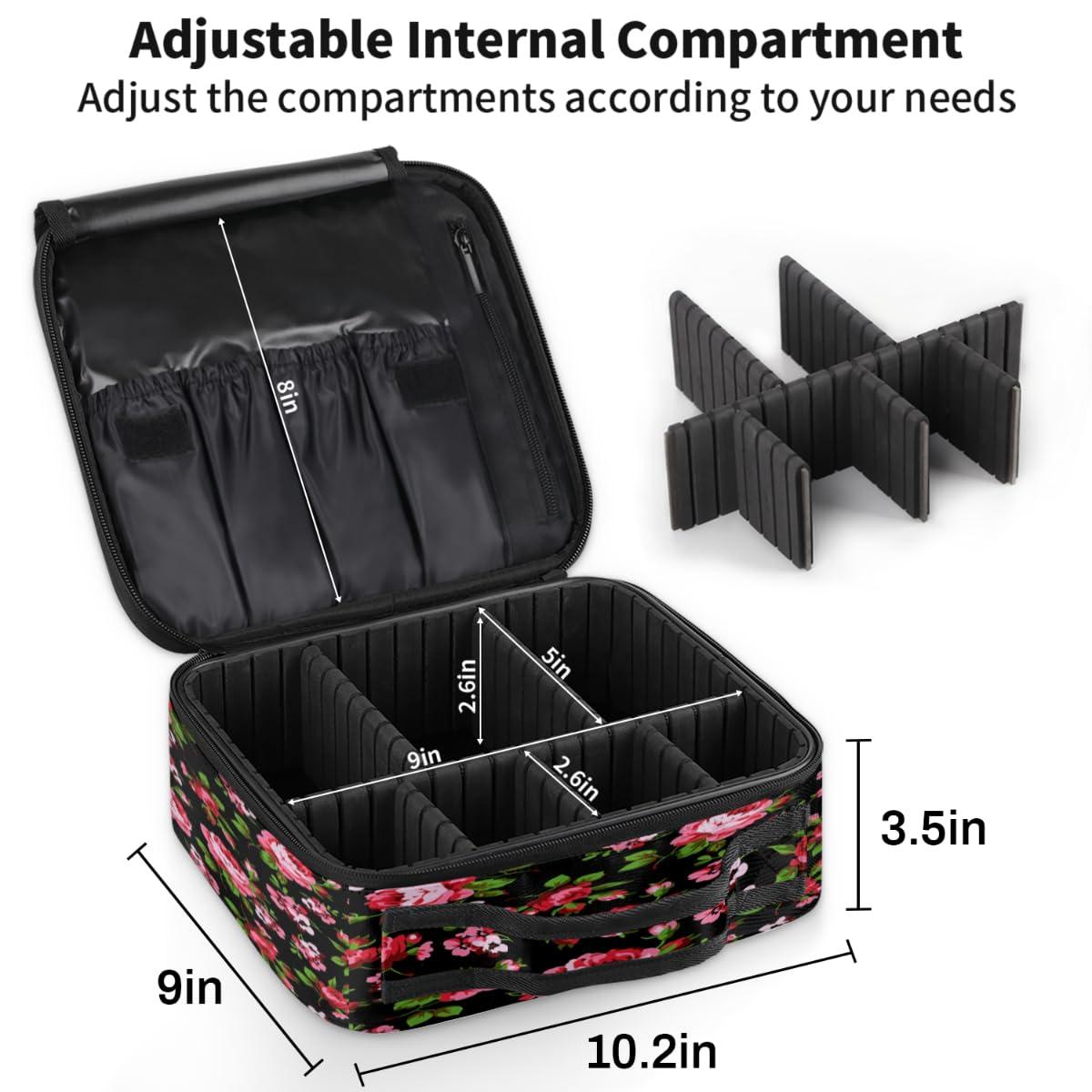 QsirBC QsirBC Makeup Train Case with Adjustable Dividers, Portable Make Up Bag for Women, Toiletry Bag for Men with Waterproof Brush Cover, Cartoon Rose Travel Makeup Organizer Makeup Box