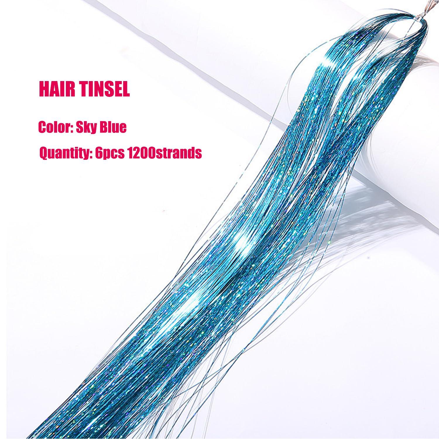 YOOONXI Sky Blue Hair Tinsel Kit with Tool 6pcs 1200 Strands Glitter Tinsel Hair Extensions Heat Resistant Sparkling Shiny Fairy Hair Accessories for Women Girls Kids 47Inch