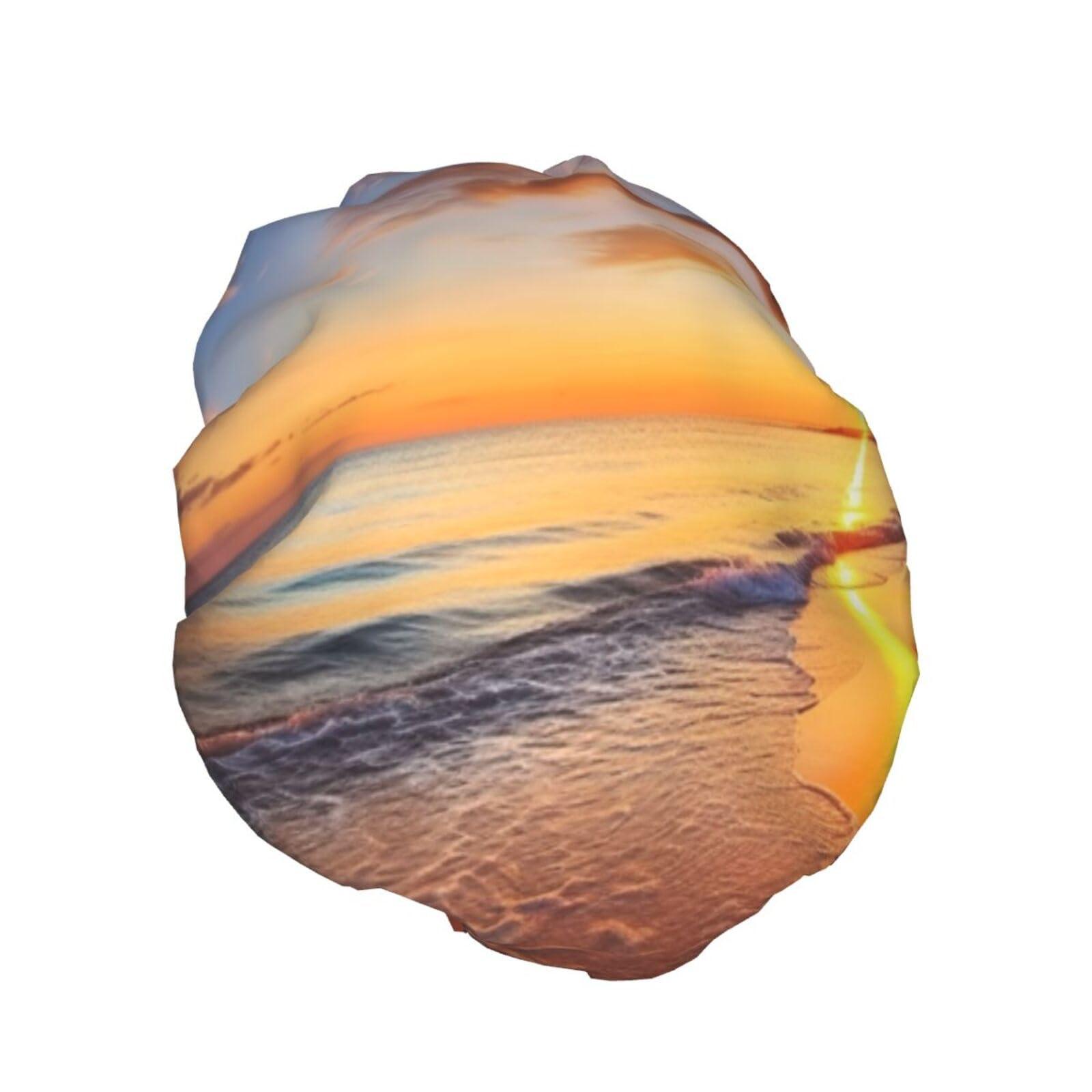 OUSIKA Reusable Shower Cap for Women Waterproof Bath Caps Double Layer Bath Hair Caps Beautiful Tropical Sunrise on The Beach Shower Hat for Ladies Spa Salon, Large Size for All Hair Lengths