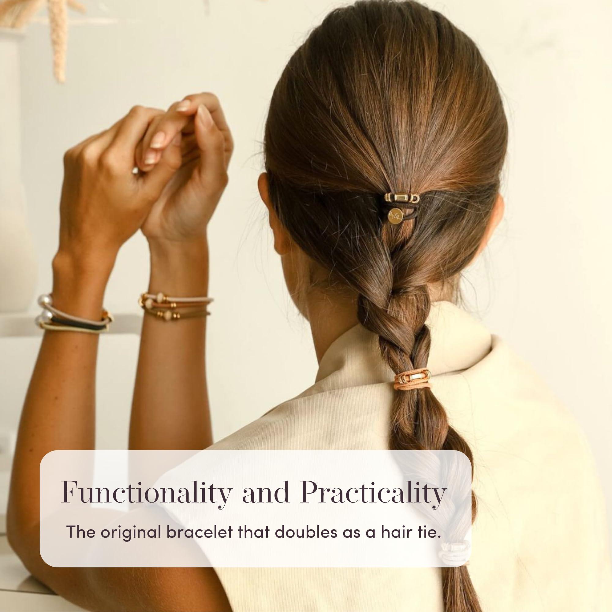 By Lilla By Lilla Hair Ties - Premium Hair Tie Bracelets for Women - Stylish Ponytail Holders for Curly, Straight, Thick, and Thin Hair - Pack of 2 (Barre - Gold/Black)