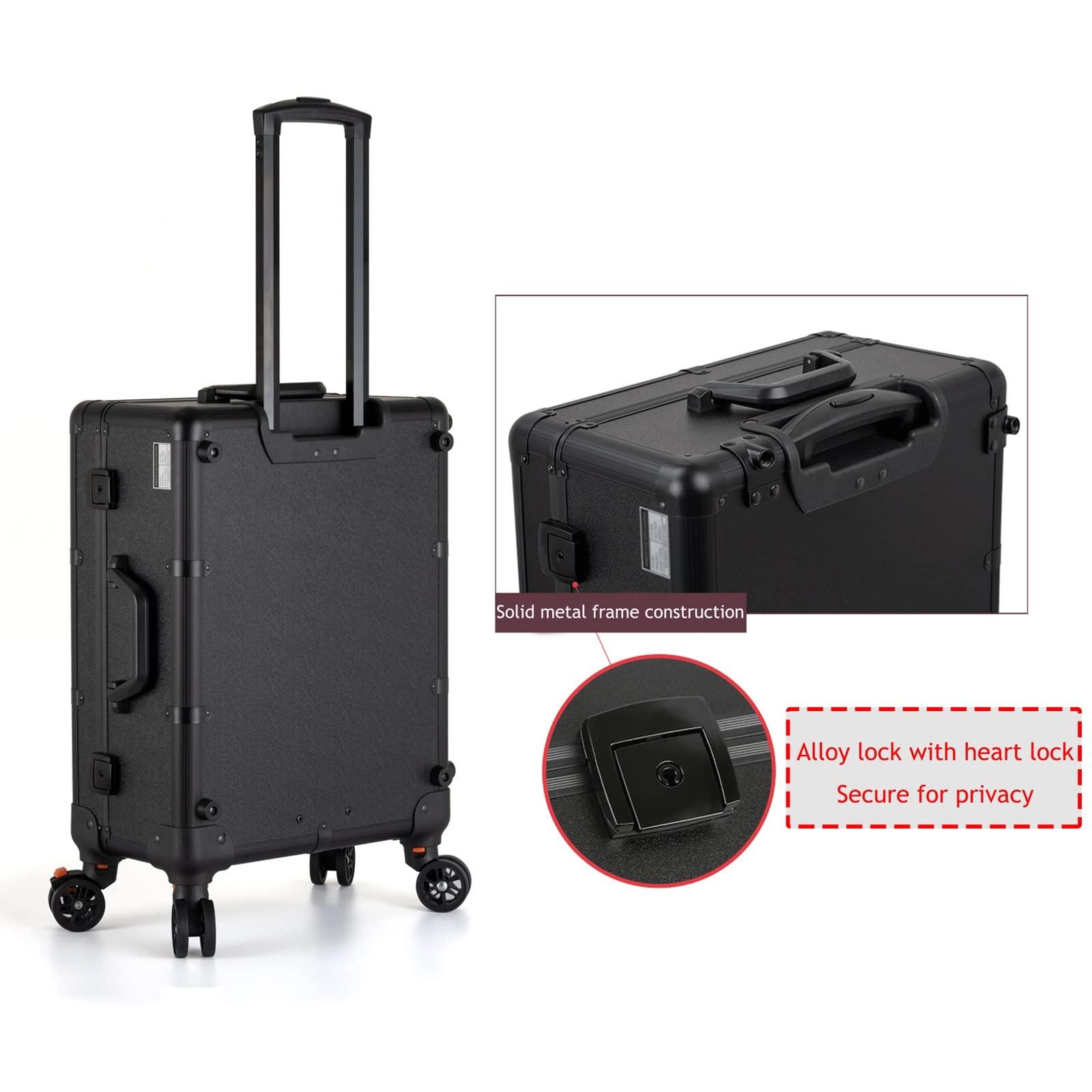 HJXGQJM Rolling Makeup Case Professional Makeup Train Case Makeup Artist Travel Organizer, Make-up Case With LED Light, 3-colour Light Source,Cosmetic Case With Stand, Black Aluminium Make Up Case cosmetic ca