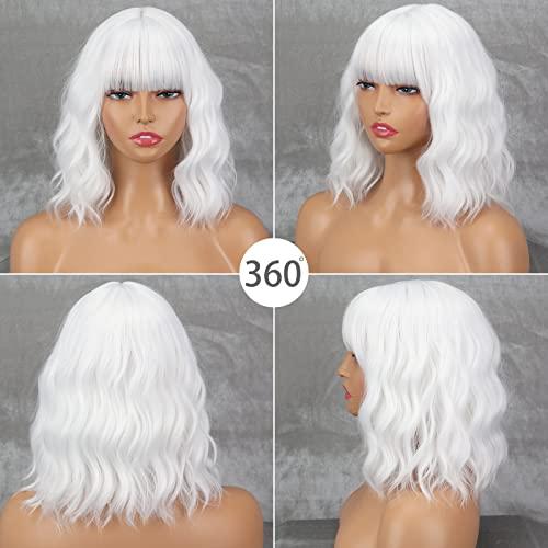 MISSQUEEN MISSQUEEN Short White Wig with Bangs Wavy White Hair Wigs for Women Synthetic Wavy Bob White Shoulder Length Wigs Natural Looking Heat Resistant Fiber Wig for Daily Party Cosplay Use