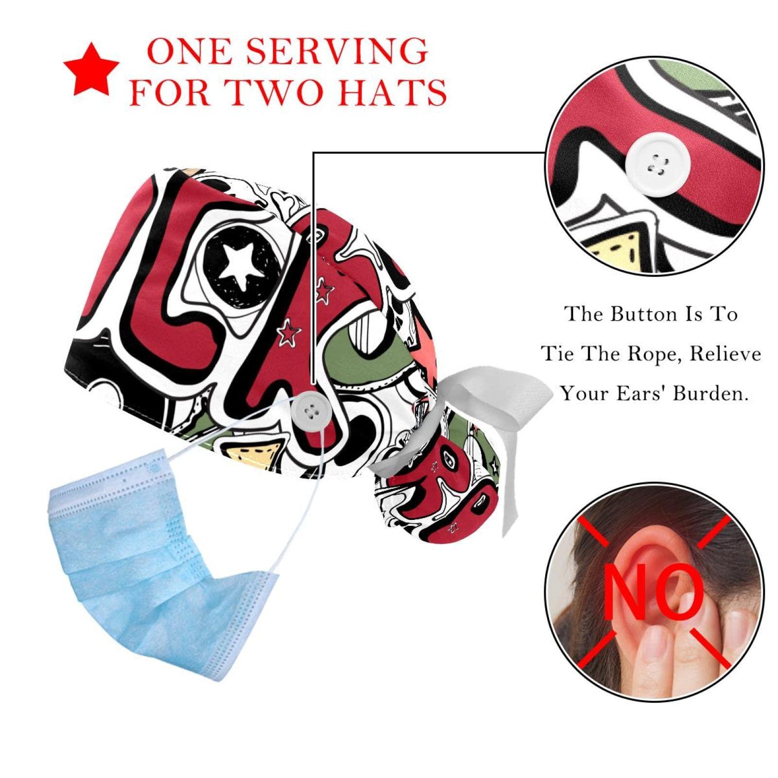 Lyetny Crazy Punk Rock Abstract Background Skulls Pins Guitars Rock Symbols Disk Stars Lips Scrub Caps Hats Women Bouffant Working Hat Ponytail Holder for Women Long Hair Covers 2PCS