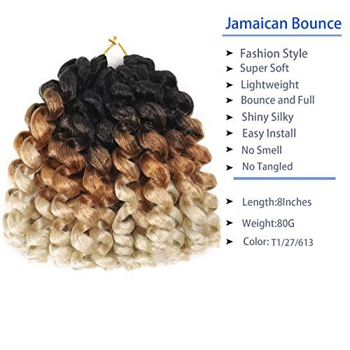 Svolna Jamaican Bounce Crochet Hair Extensions 8 inch Ringlet Wand Curl Crochet Hair Blonde Brown Ombre Curly Crochet Braids Blonde 3 Tone Ombre Crochet Braiding Hair 100 Roots