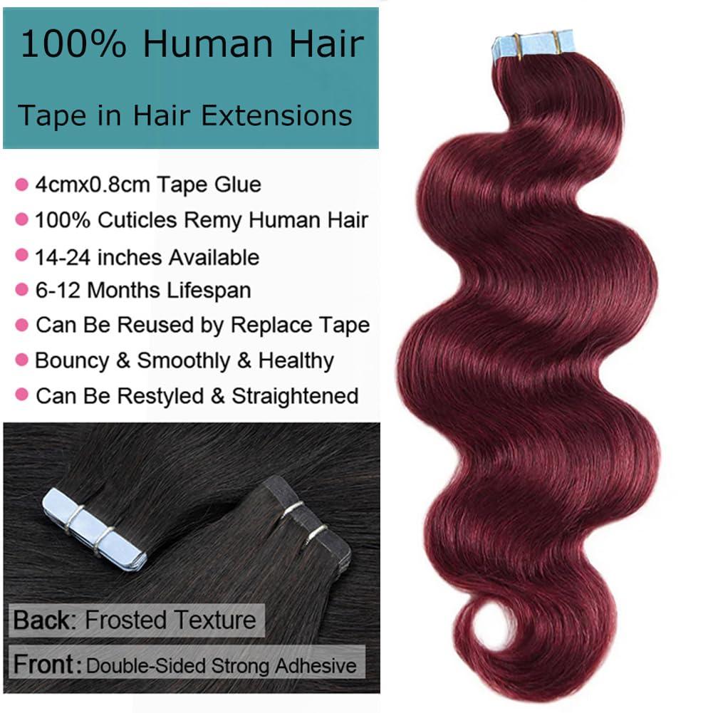 Kiss darling LASHES 40pcs 22inch 100g Tape in Hair Extensions Human Hair 99j Burgundy Tape in Hair Extensions for Women Wine Red Body Wave Tape Ins Invisible Seamless Glue in Hair