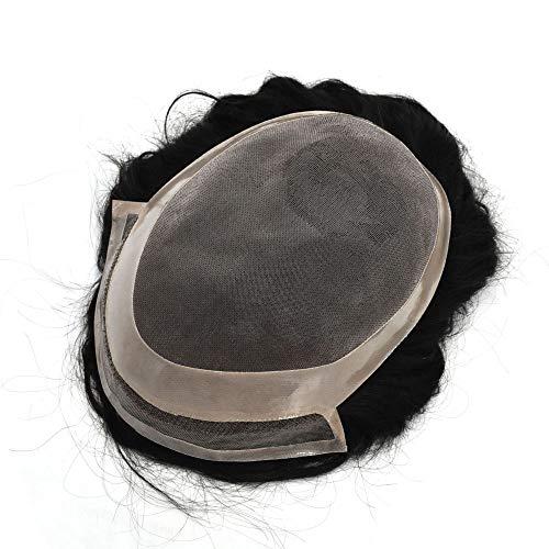 LHC HAIR LHC HAIR Fine Mono Mens Toupee 100% Black Indian Remy Human Hair Wigs Welded Mono Systems Lace Poly PU Hairpieces Custom Hand-Tie Units (10"*8", 1B# Off/Natural Black - 130% Medium Density)