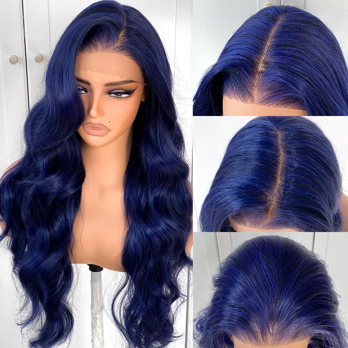 BlackSwern BlackSwern Dark Blue Wig 13x6 Synthetic Lace Front Wig,HD Lace Pre-Plucked Navy Blue Lace Frontal Wig,26inch Body Wave Wigs 200 Density,Pre-Plucked PLUS 1.5Hairline+ Flat Iron Relaxed Free Part