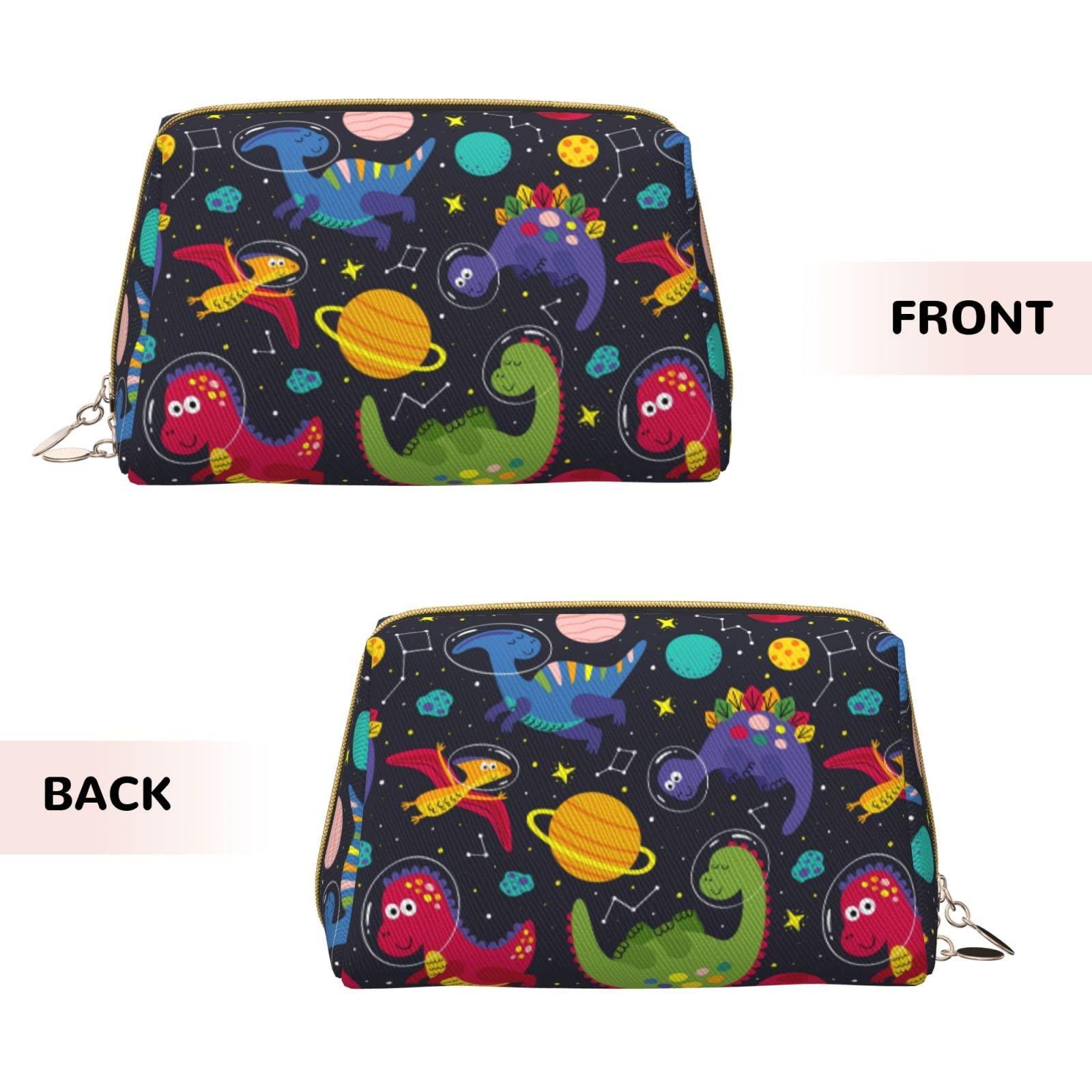 Generic Preppy Makeup Bag for Purse, PU Leather Cute Space Dinosaur Planets Black Makeup Zipper Pouch, Travel Cosmetic Zipper Pouch Makeup Stuff Bag for Women Teen Girl Friends Birthday