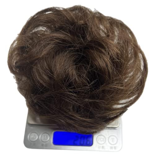 AYunhe 100% Human Hair Messy Bun Extension Tail, Messy Hair Bun Hair Scrunchies Extension with Fringe Curly Wavy Chignon for Women Wedding Tousled Updo Hairpiece (Dark Brown)