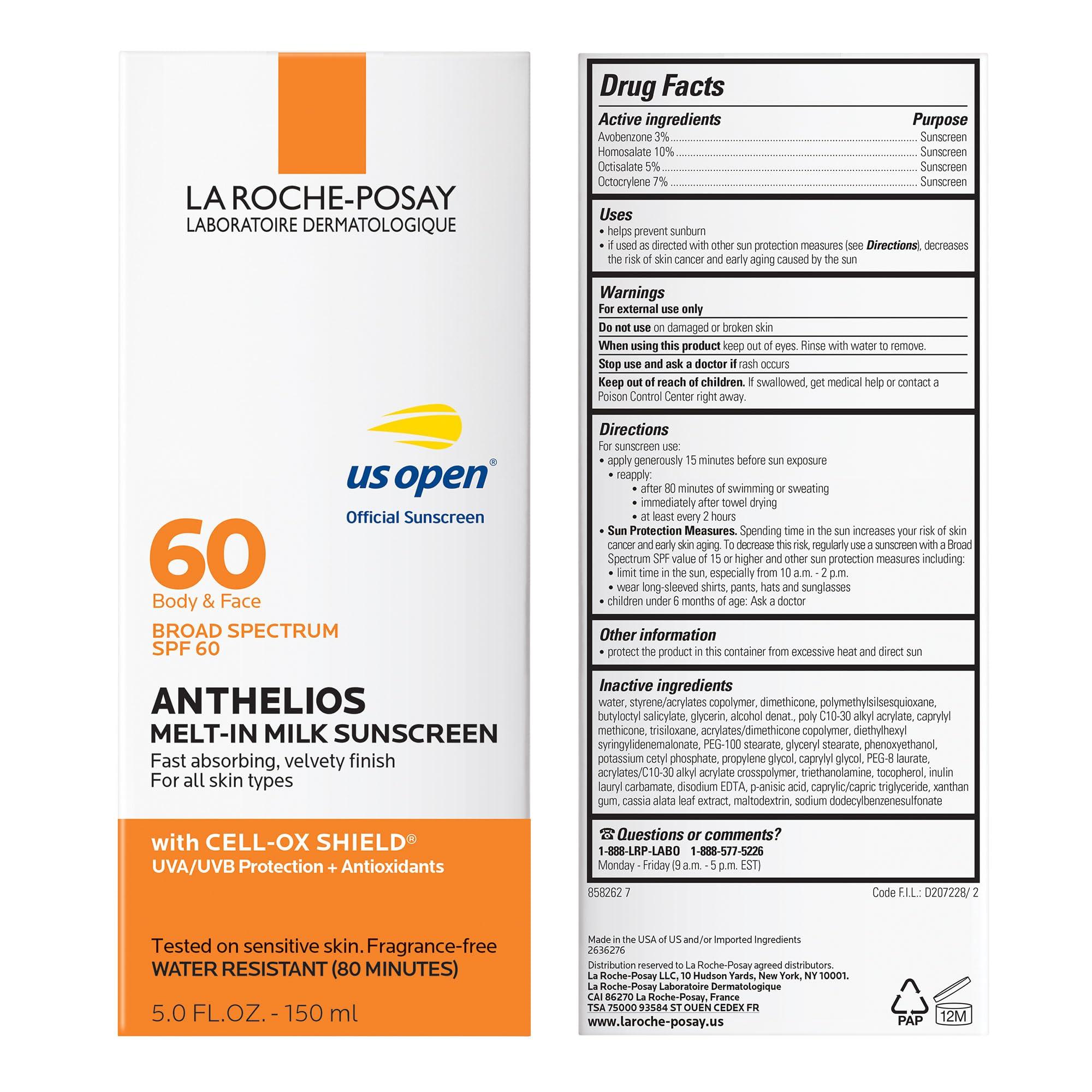La Roche-Posay La Roche-Posay Anthelios Melt-In Milk Sunscreen SPF 60, Sunscreen For Body & Face, Broad Spectrum SPF + Antioxidants, Oil Free, Lightweight & Fast Absorbing, Oxybenzone Free