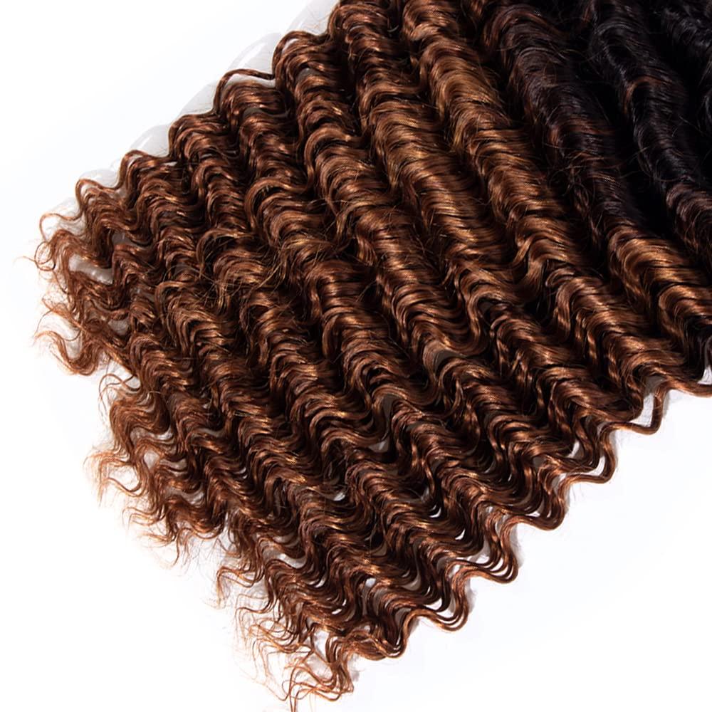 Seeuiegam Ombre 1b30 Deep Wave Human Hair 3 Bundles 24 26 28 Inch Tow Tone Black To Brown Brazilian Remy Hair Grade 8A Human Hair Weaves 3 Bundles Deep Wave Hair Bundles For Women