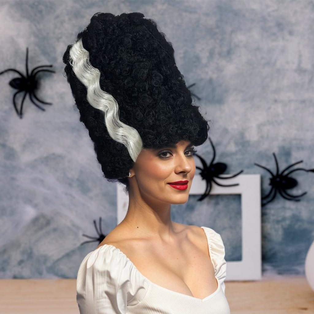 Luvfamday Luvfamday Long Black Curly Wig with White Streaks Goth Bride Wig Top Hat Two Tone Wig Halloween Cosplay Costume Wigs Women Men