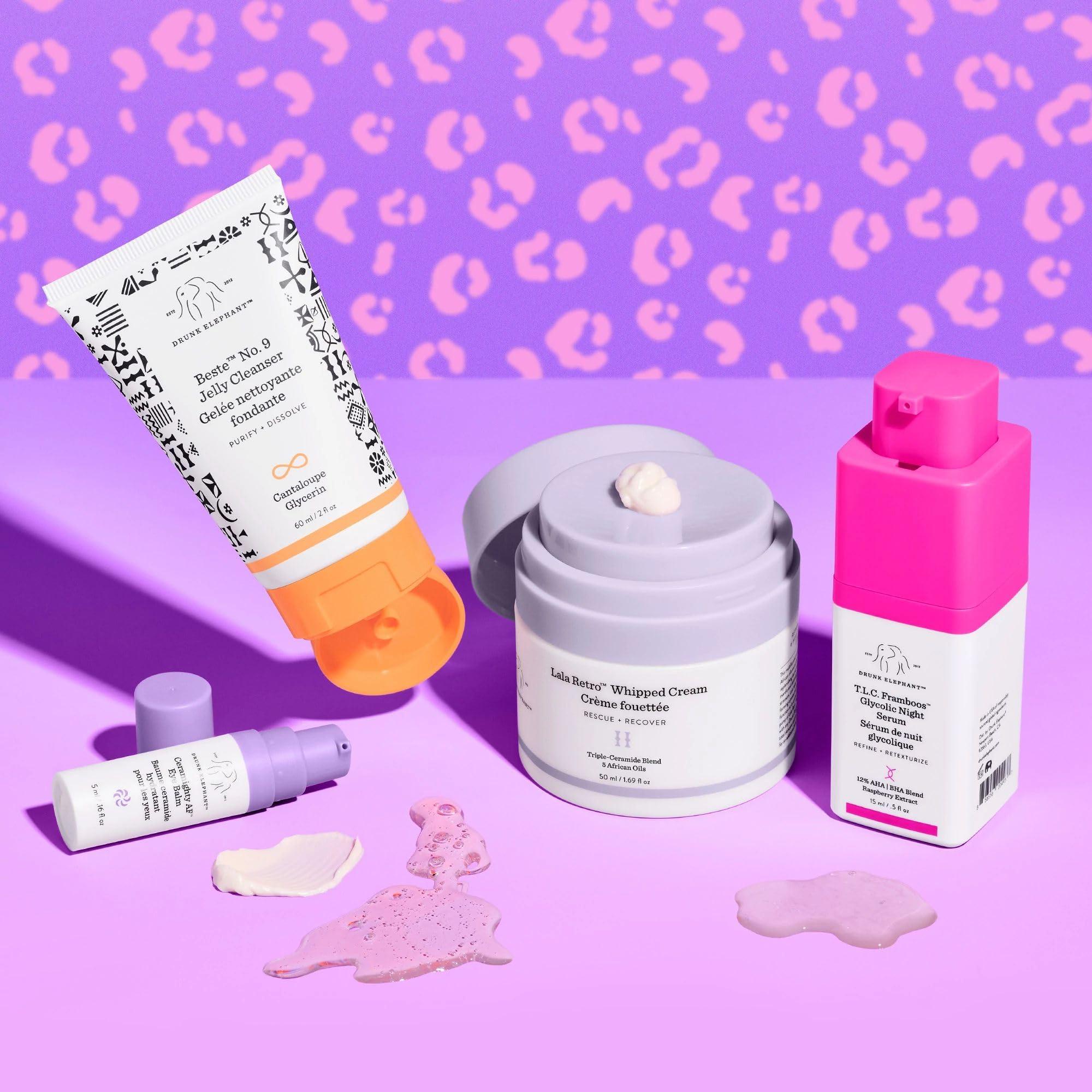 Drunk Elephant Drunk Elephant Wild Night: The Evening Kit: includes Lala Retro Whipped Cream, T.L.C. Framboos Glycolic Night Serum, Ceramighty AF Eye Balm, and Beste No. 9 Jelly Cleanser