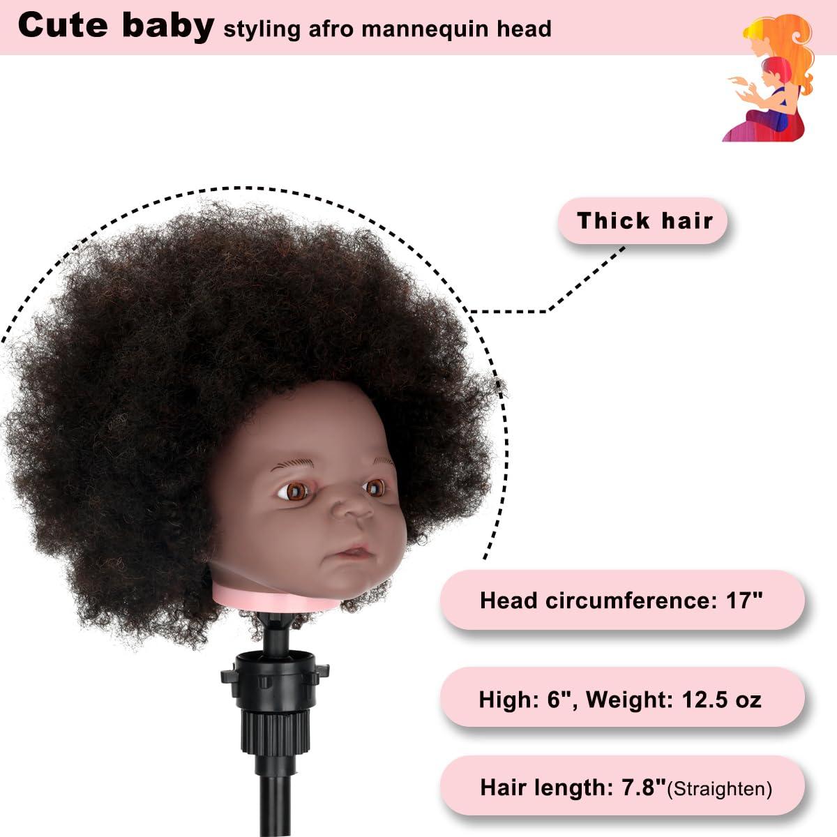 poipoilu Mannequin Head African with Hair 90% Human Hair Cosmetology Mannequin Head Doll Head for Babay and New Mom, Manikin doll to do hair for little girls and Practice Training Braiding (Afro-Black)