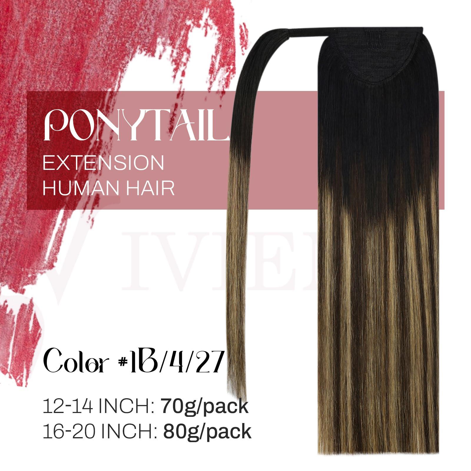 Vivien Vivien Balayage Ponytail Extension Human Hair Ombre Ponytail Human Hair Extensions Black Ombre Brown Balayage Caramel Blond Wrap Around Ponytail Hair Extension for Women 16 Inch 80g