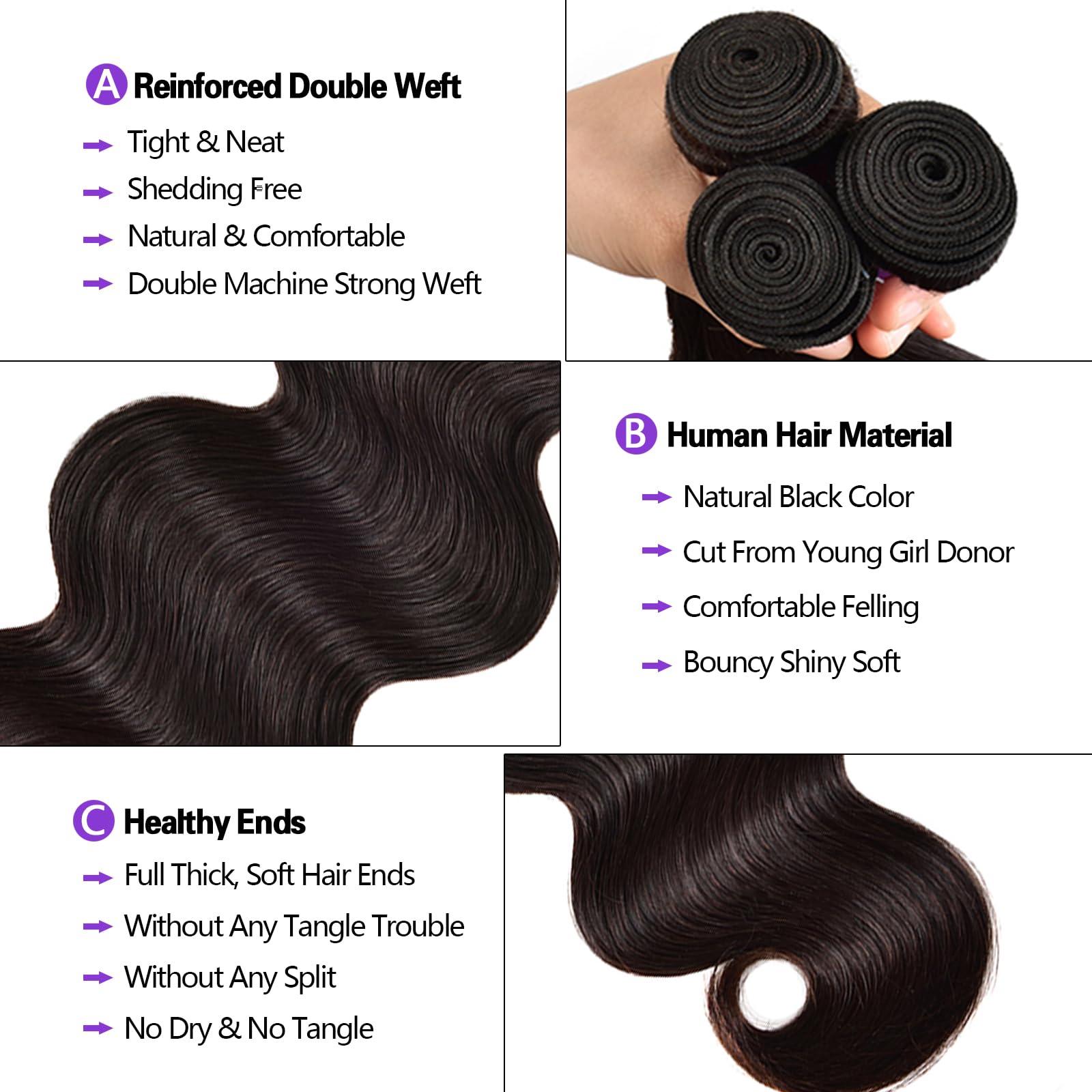 feiyunpanda Human Hair Bundles with Closure Free Part (20 22 24+18) Body Wave 3 Bundles with Closure 10A Unprocessed Brazilian Virgin Human Hair Weave Bundles with 4X4 Lace Closure 150% Density Natural Color