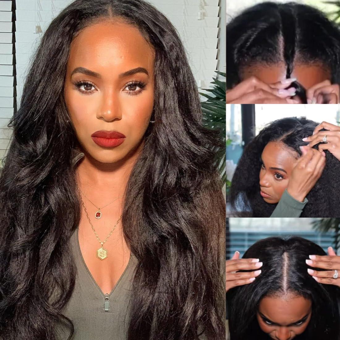 Nadula Nadula V Part Wig Yaki Straight Human Hair No Leave Out Glueless Upgraded U Part Wigs for Women,10A Yaki Straight V-part Wigs V Shape Clip in Half Wig Ready to Go 150% Density 16inch