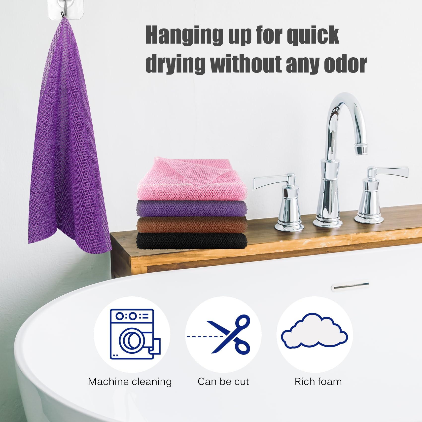 QIANCAIWANG 2 Pack African Net Sponge, 8 * 25 Inches Bath Sponge, African Exfoliating Net Long, Wash Cloths, Body Scrubber Net for Skin Smoother (Purple)