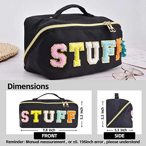 MZLUWM MZLUWM Stoney Clover Dupes Preppy Makeup Bag, Wide Open Cosmetic Bag, Portable Nylon Waterproof Travel Toiletry Bag for Women, Preppy Stuff Makeup Pouch for Girls with Chenille Letter and Handle