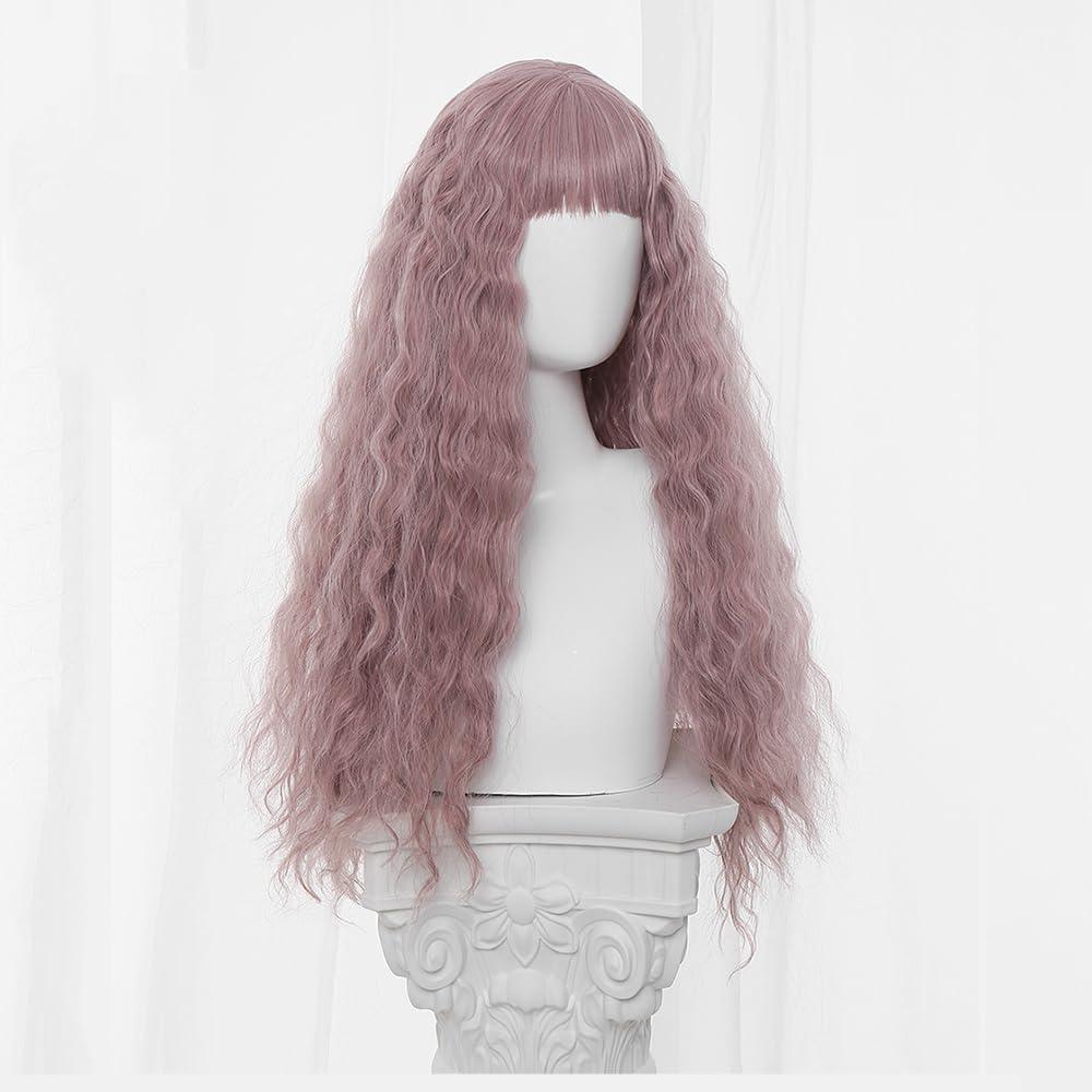 TEDPRBGE TEDPRBGE Anime Cosplay Wig Pink Hair Wig Long Curly Wig Curly Wavy Wig with Bangs Heat Resistant Wig Role Play Wig 31 inches