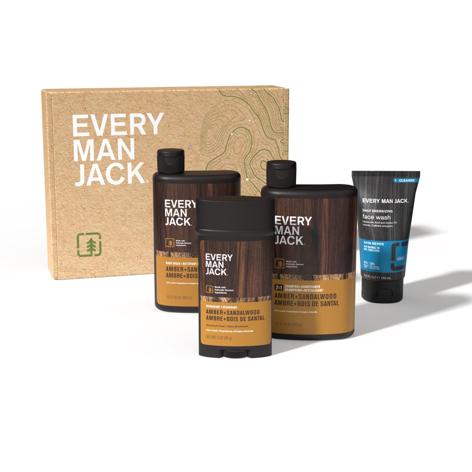 Every Man Jack Every Man Jack Mens Amber + Sandalwood Bath and Body Gift Set - Clean Ingredients & Sandalwood, Amber, and Vetiver scent - Round Out His Routine with Body Wash, 2-in-1 Shampoo, Deodorant & Face Wash
