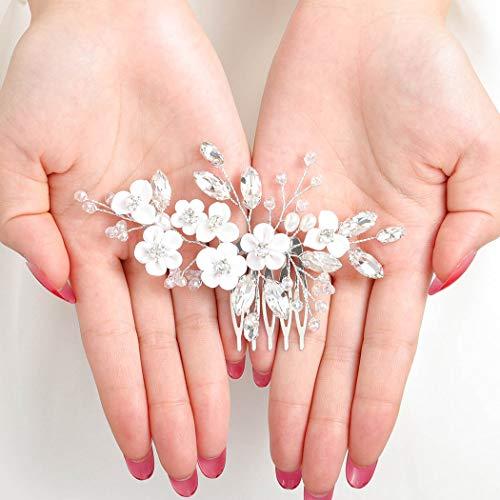 Barode Barode Bridal Wedding Hair Comb Silver Flower Rhinestone Sparkly Crystal Bride Leaf Side Combs Pearl Hair Accessories for Women and Girls (Silver)