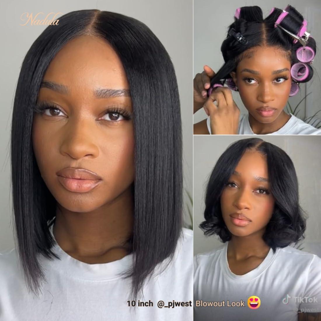 Nadula Nadula Bye Bye Knots Glueless Yaki Straight Bob 7x5 Lace Front Wigs Human Hair Pre Plucked Invisible Knots Pre Everything 3S Ready to Wear Short Yaki Bob Wigs Pre Cut 150% Density 12inch