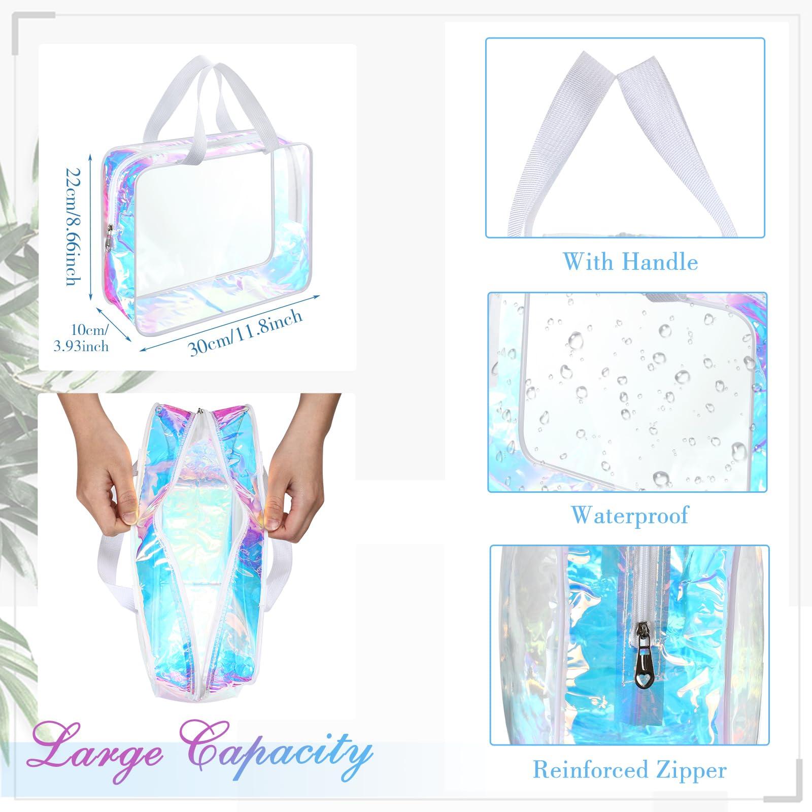 Sweetude Sweetude 10 Pcs Large Clear Toiletry Bag Large Capacity Travel Makeup Bag PVC Clear Plastic Tote Bag Iridescent Cosmetic Bag Cosmetic Clothes Organizer Bag for Women Men