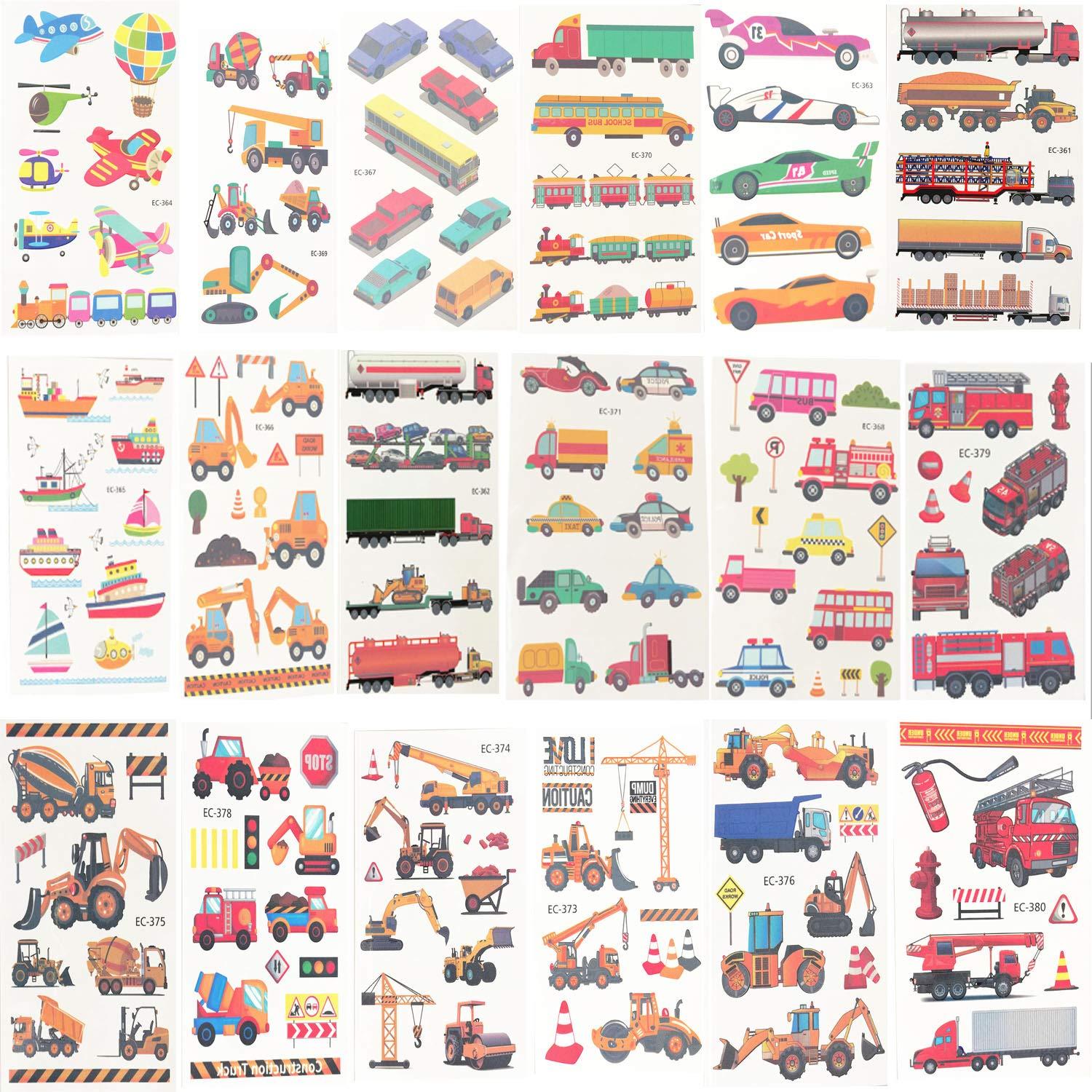 Oexper Oexper 18 Sheets of Construction Vehicle Temporary Tattoos Cars Fire Trucks Buses Transportation Tattoo Stickers for Boys Girls Kids Adults Birthday Party Car Themed Party Supplies Party Favors