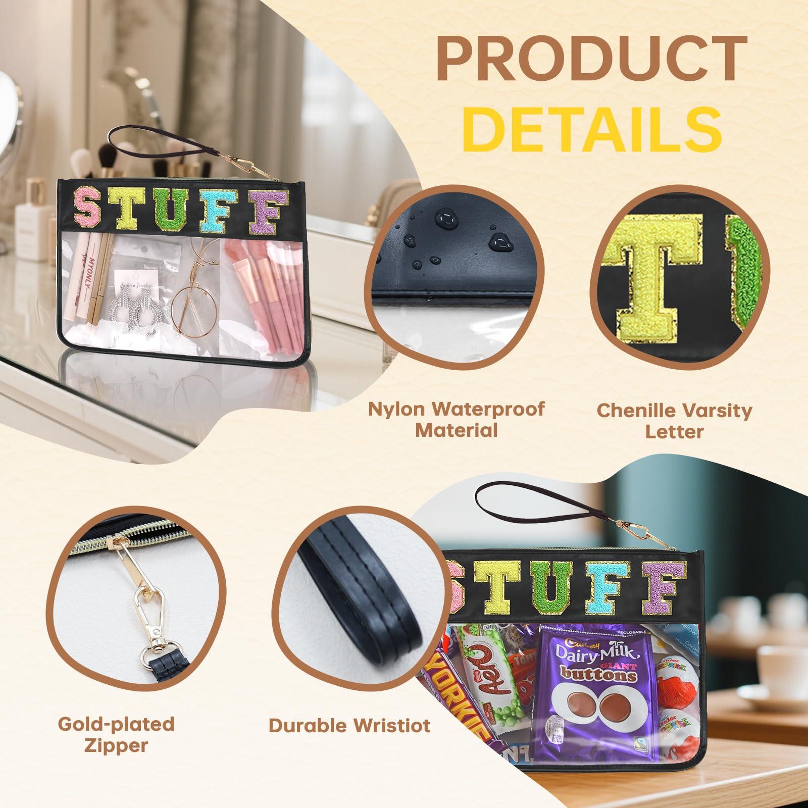 Burskit Burskit Chenille Letter Clear Zipper Pouch for Travel Preppy Stuff Bag Aesthetic Storage Organizer Pouches for Women with Glitter Patch Letters (Black-Stuff)