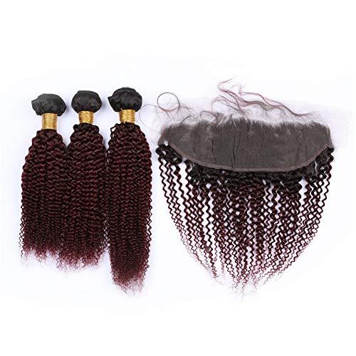General Cloud Hair Dark Roots 1B 99J Burgundy Kinky Curly Hair Weaves 3Pcs with lace Frontal 13x4 Free Part Closure With 3Bundles Afro Kinky Curly Extensions (26 28 30+24 inch frontal 13x4)