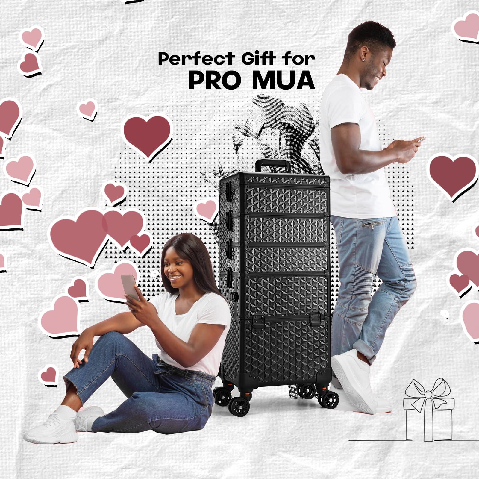 Yueieoun Yueieoun 5 in 1 Professional Makeup Train Case on Wheels, Extra Large Cosmetic Case Aluminum Rolling Makeup Case Trolley Makeup Travel Organizer with 360 Swivel Wheels, Black