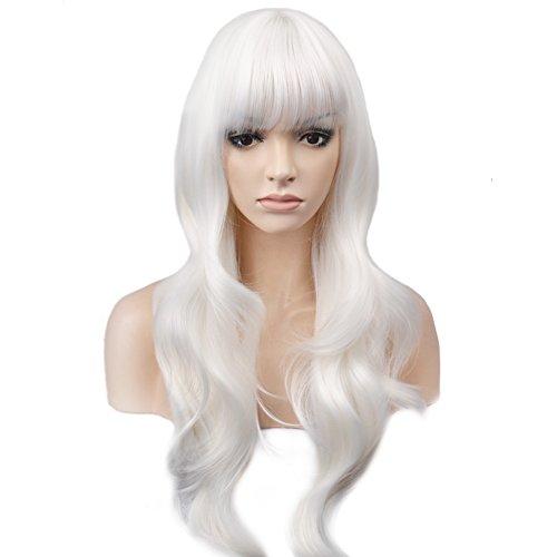 BERON BERON 26 Inches White Wig Long Wavy Wig with Bangs Synthetic Wig Long Wig White Wigs for Daily Party with Wig Cap
