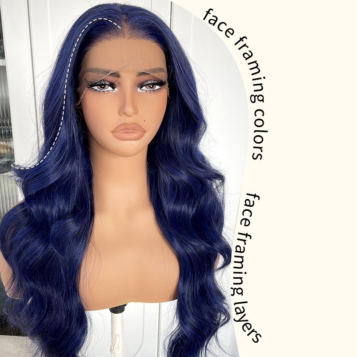 BlackSwern BlackSwern Dark Blue Wig Blue Body Wave Lace Front Wig, Glueless Lace Wig, Pre-plucked Pre-layered Body Wave Wig with Curtain Bangs for Black Women, 24