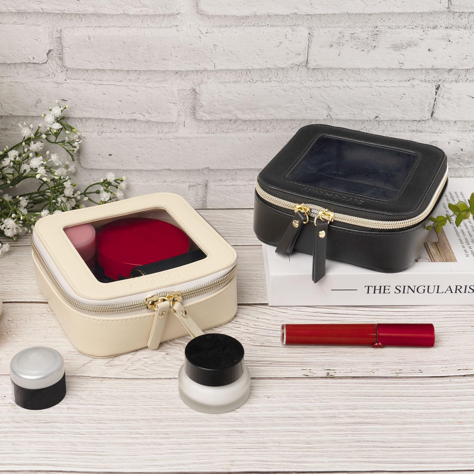 DIYOOHOMY DIYOOHOMY Clear Makeup Bag with Zipper, Black Travel Calpak Toiletry Bag for Women, Mini Leather Cosmetic Organizer Case, Small Portable Purse Pouch