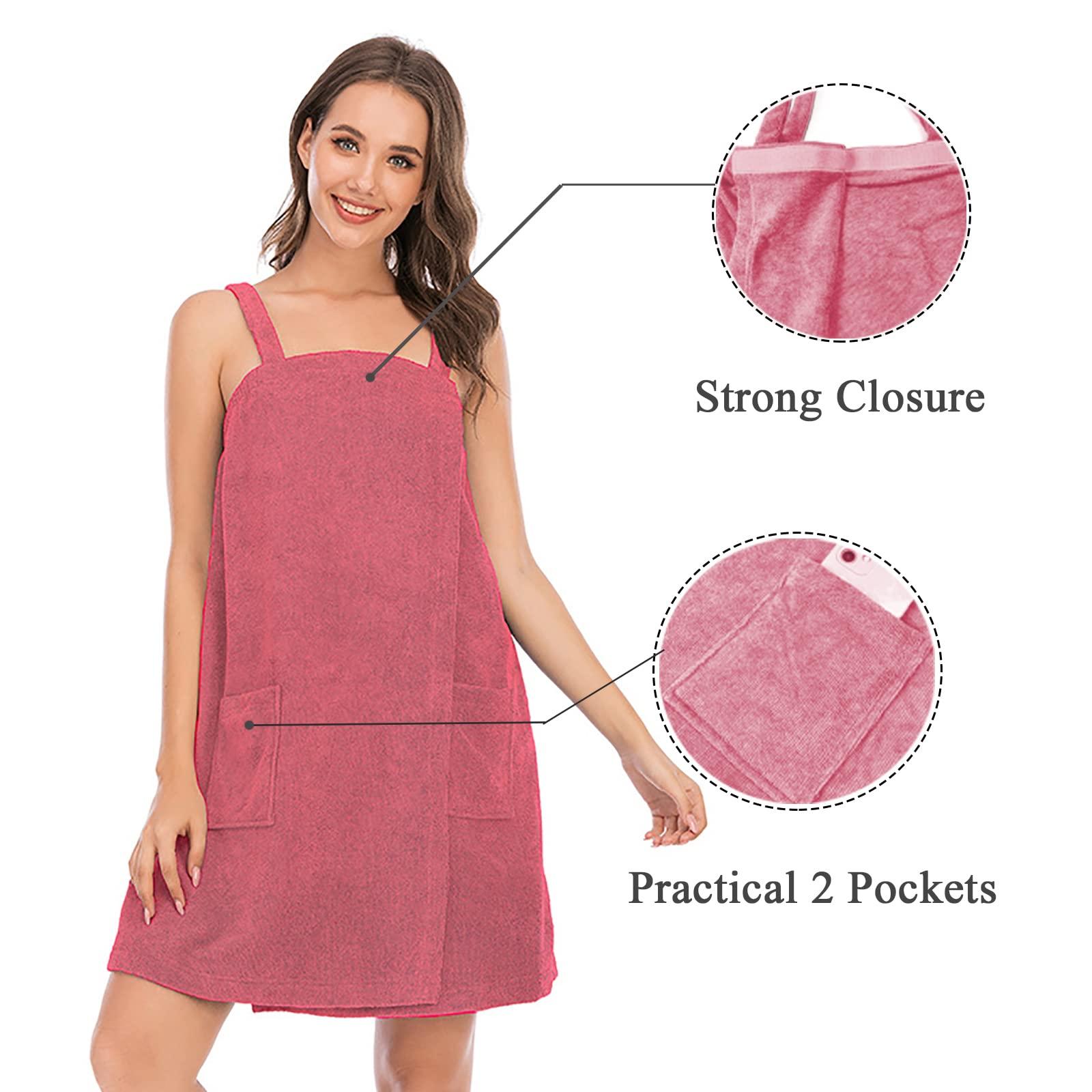 Verve Jelly Verve Jelly Women's Bath Wraps Spa Shower Towel Wrap Adjustable Bath Towel Wrap with Straps Pocket Facial Headband Rose Red 3X-Large