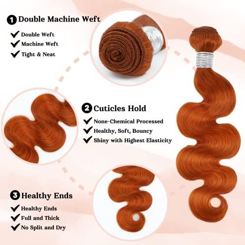 ALHER ALHER Ginger Bundles Human Hair Body Wave Ginger Bundles 350 Bundles Human Hair Sew In Weave Wavy 3 Bundles for Black Women 10A 100% Brazilian Remy Hair Soft Thick Copper Orange Color 10 12 14 Inch
