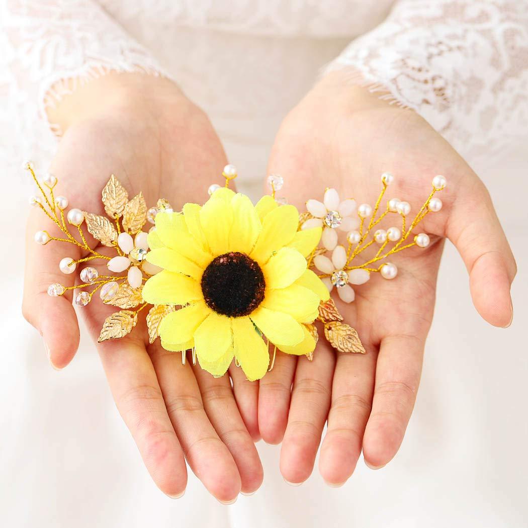 BAROGIRL Barogirl Bridal Sunflower Hair Comb Clip Crystal Bride Gold Wedding Hair Accessories for Women (Gold)