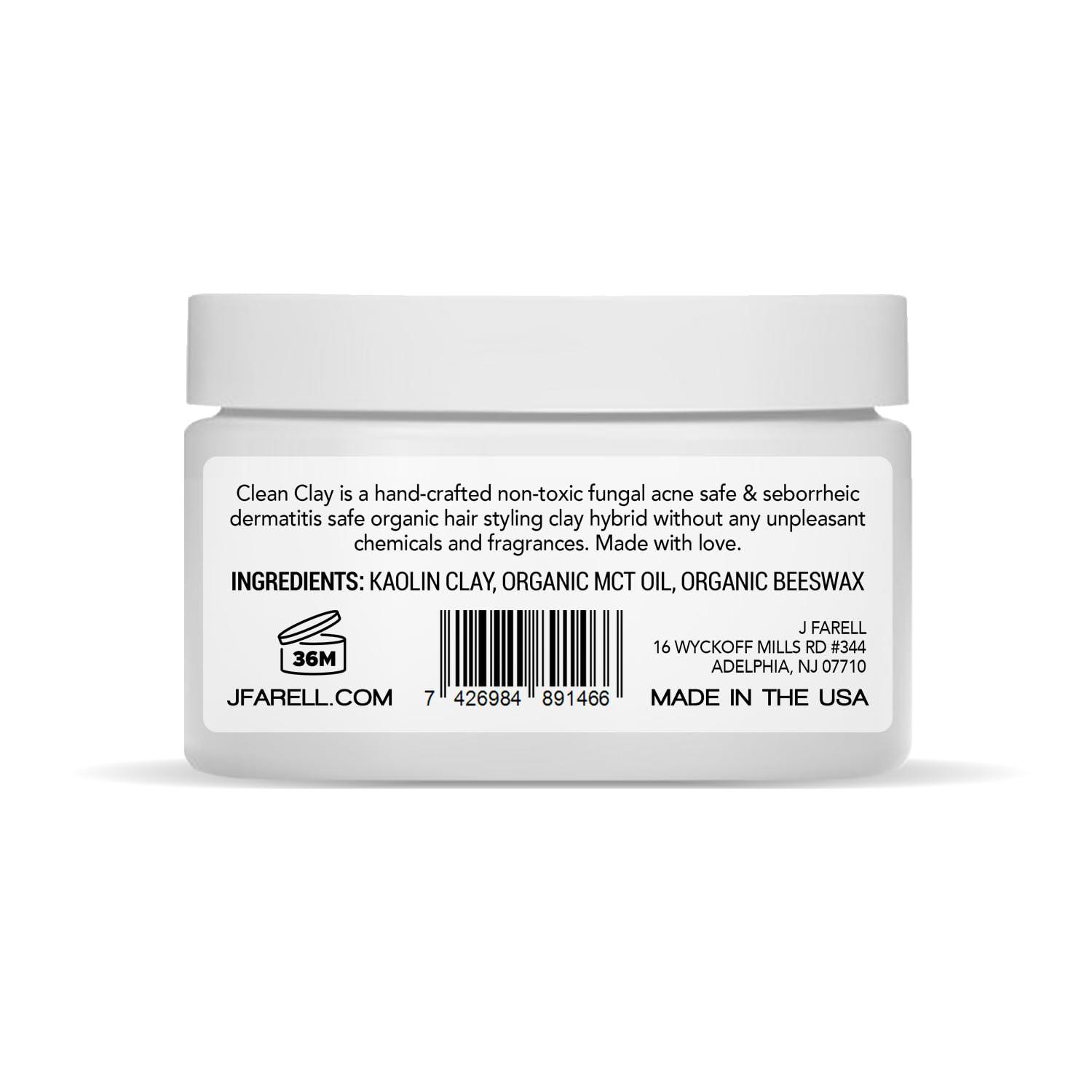 J FARELL J FARELL Clean Clay - Organic Hair Styling Clay, Fungal Acne Safe Seborrheic Dermatitis Safe, All Natural Hair Clay Pomade, Strong Hold Matte Finish (2.7 oz), Black