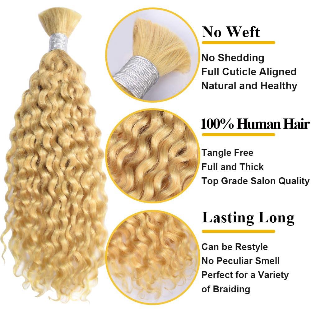 CVOHAIR LA CVOHAIR LA Braiding Hair Deep Curly Bulk Human Hair for Braiding 613 Blonde 100g 1 Bundle Human Hair for Boho Knotless Braids 100% Real Human No Weft Hair Extensions 16 Inch