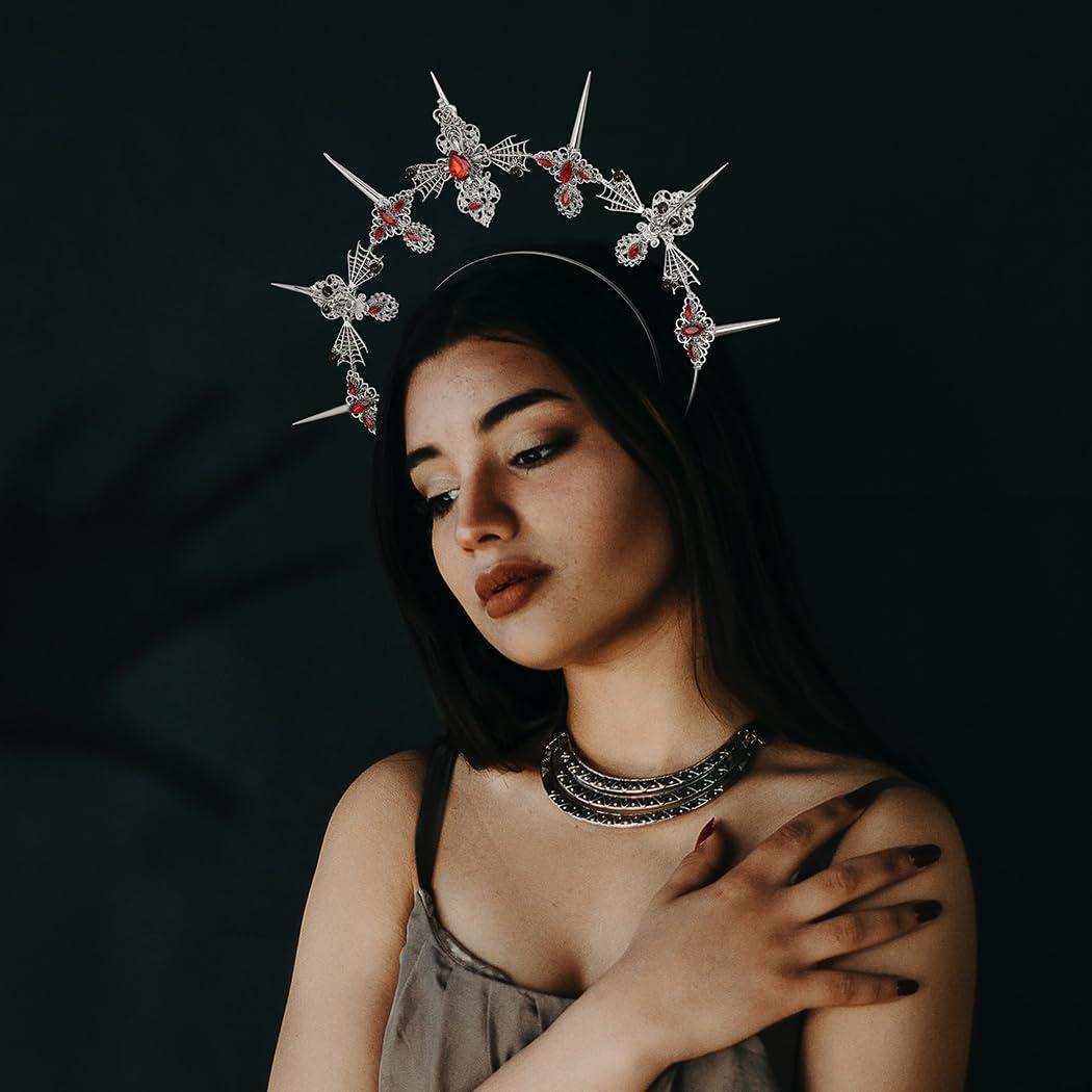 Formery Formery Spiked Halo Crown Silver Rhinestones Spider Halo Headpiece Halloween Festival Photo-shoot Crow Cross Halo Headband for Women and Girls