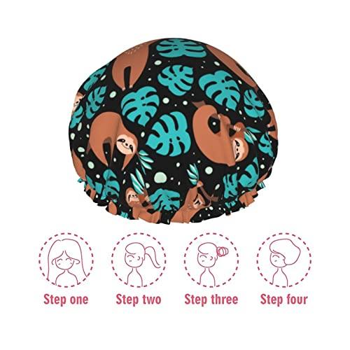 IDNUYIA Cute Sloth Shower Cap For Women, Layers Bathing Shower Reusable Elastic Band Stretch Hem Hair Hat