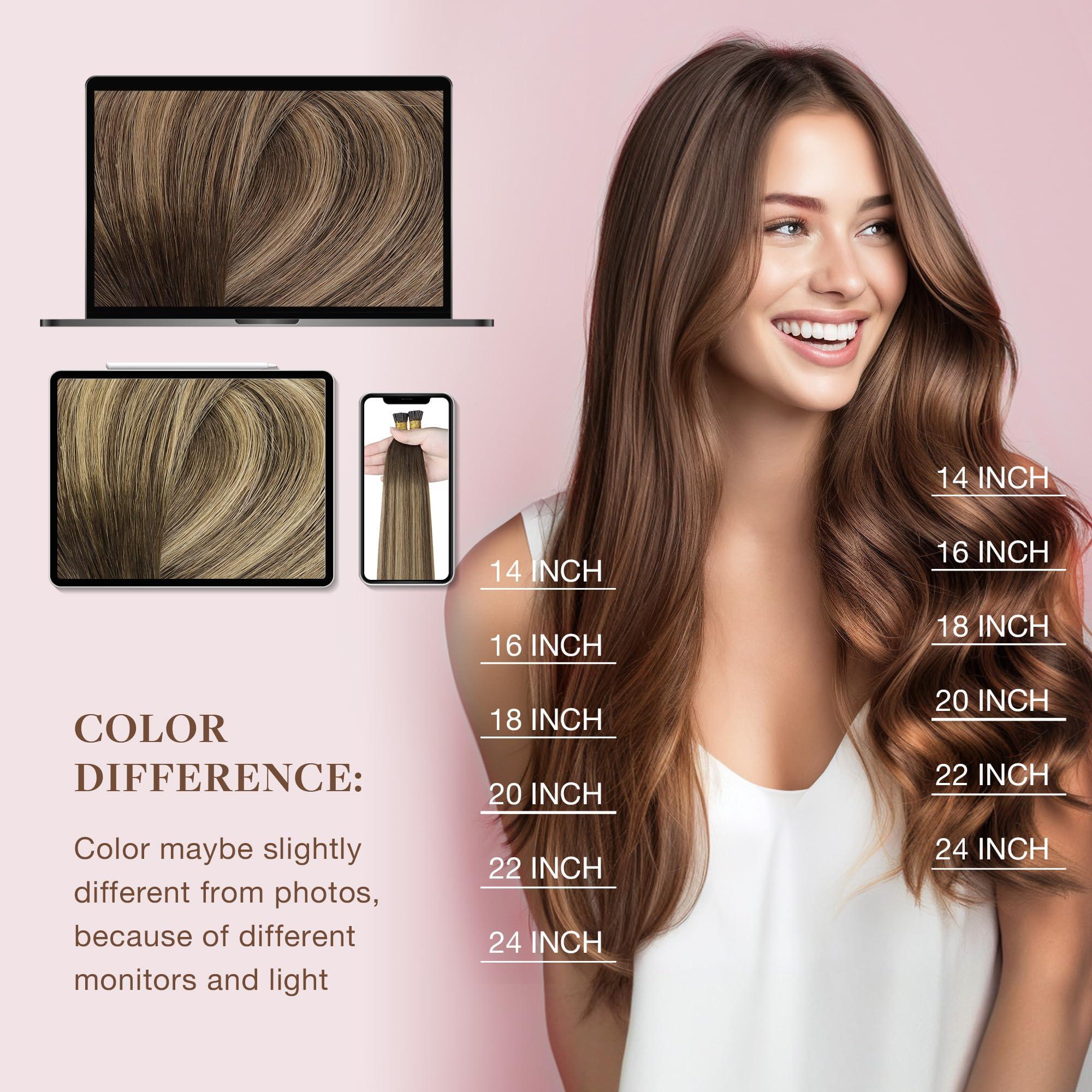 GOO GOO GOO GOO I Tip Hair Extensions Real Human Hair, 14inch 50g 100S, Cold Fusion I Tip Hair Extensions, Invisible Remy Hair Extensions, 4/26/4 Balayage Chocolate Brown to Honey Blonde