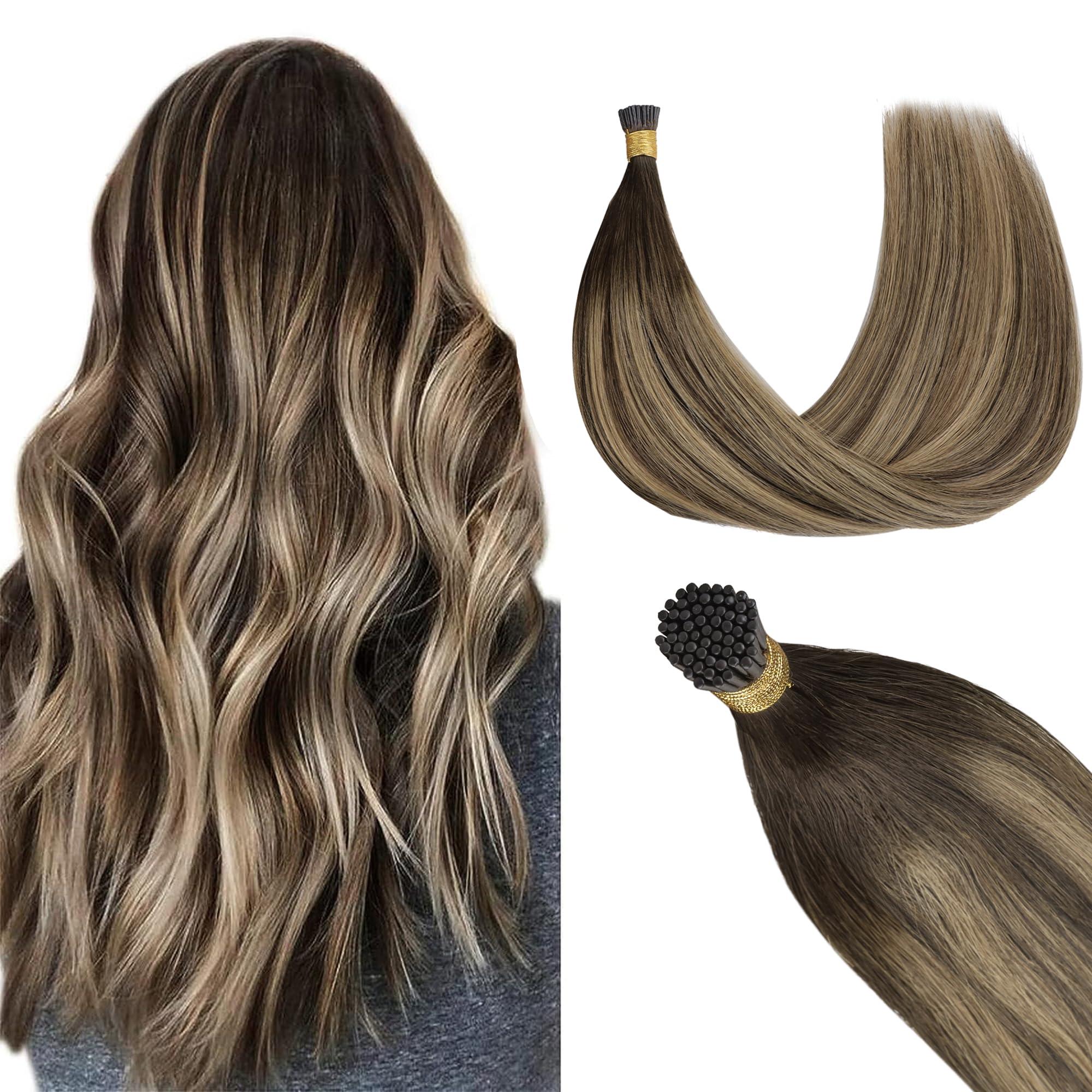 GOO GOO GOO GOO I Tip Hair Extensions Real Human Hair, 14inch 50g 100S, Cold Fusion I Tip Hair Extensions, Invisible Remy Hair Extensions, 4/26/4 Balayage Chocolate Brown to Honey Blonde