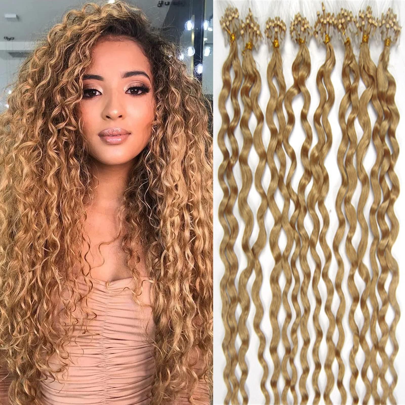 Yotty Micro Ring Link Hair Extensions Invisible Micro Ring Beads Loop Tip Remy Human Hair Curly Golden Blonde 20inch 100s